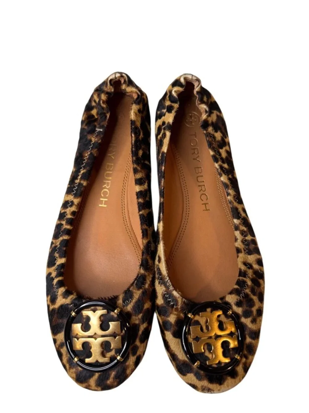 Tory Burch Leopard Print Calf Hair Ballet Flats Gold Logo Medallion Size 7.5M